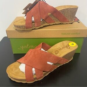 YOKONO Women’s Canela Suede Cross Band Padded Wedge Sandals Brick Size 9